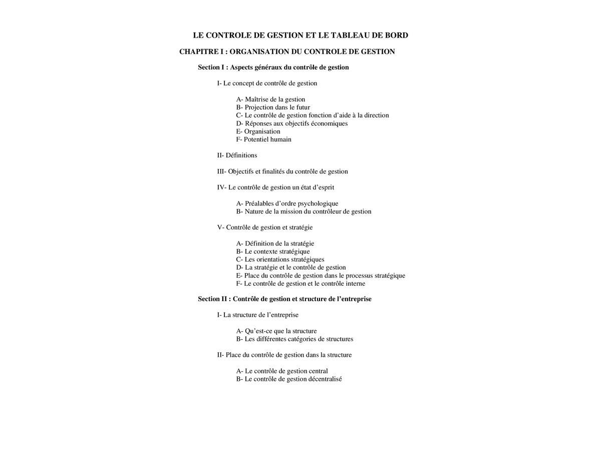 Le Contrôle de Gestion et Tableau de Bord